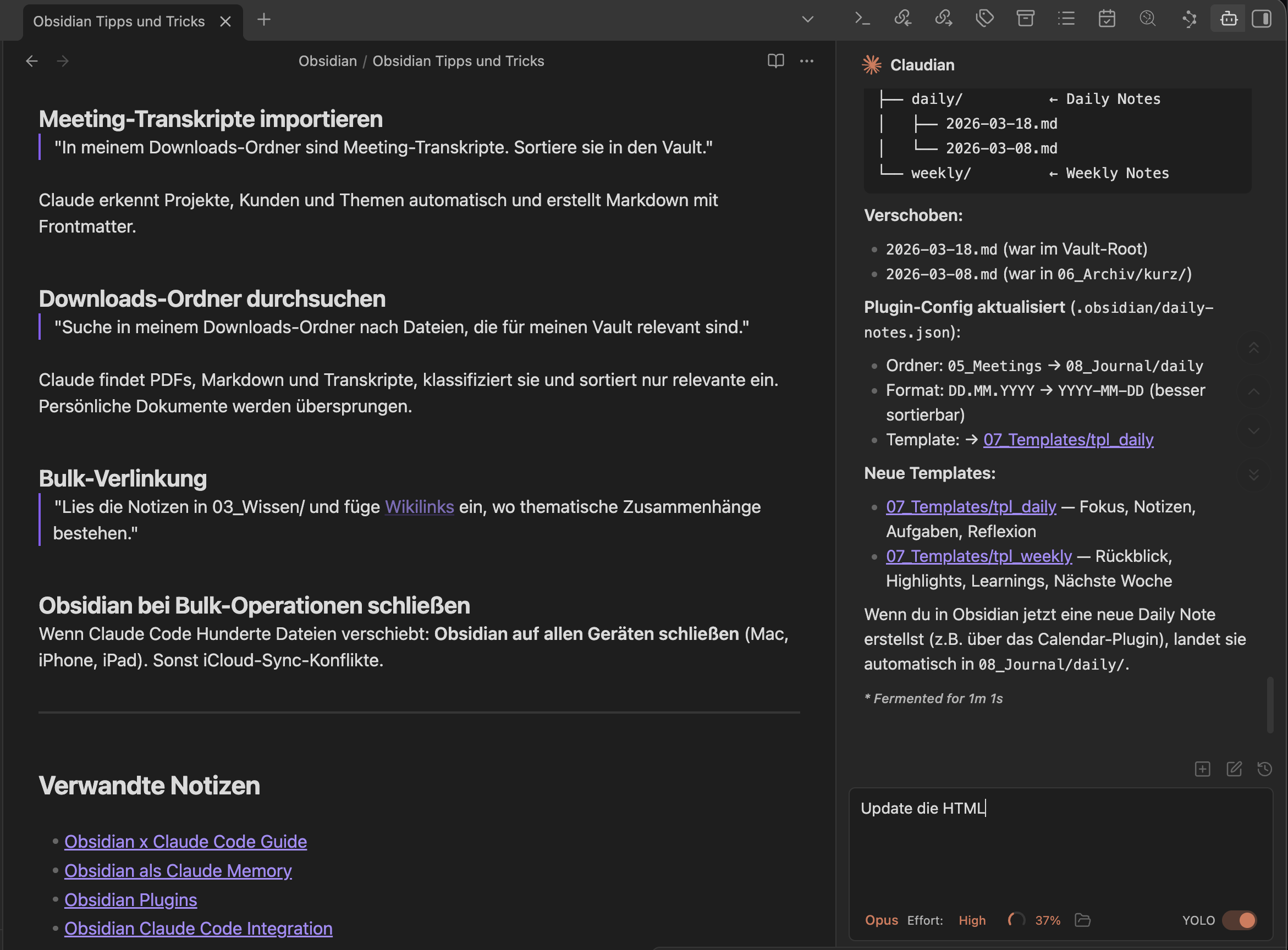 Claudian erstellt und verschiebt Dateien, aktualisiert Plugin-Configs und Templates