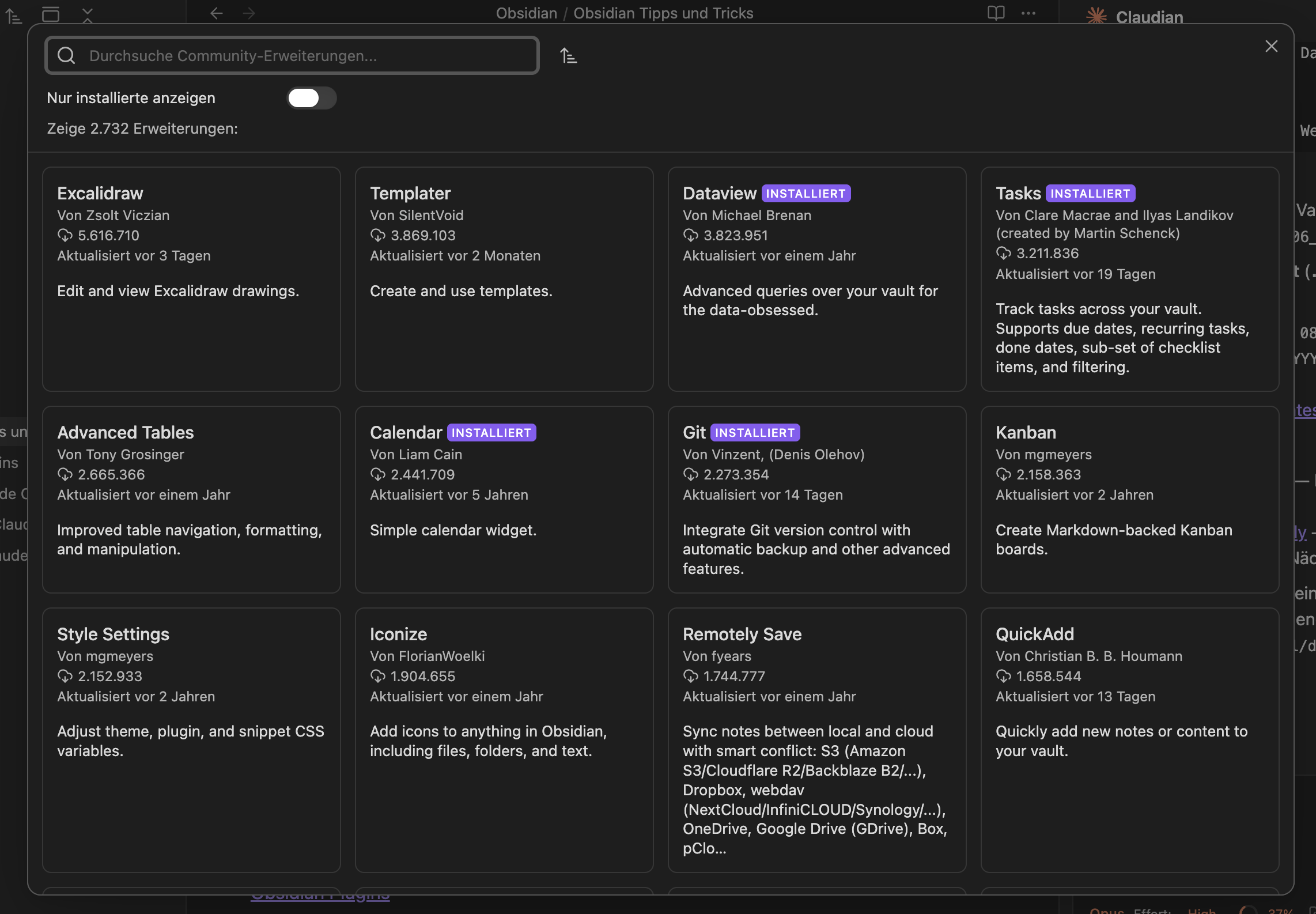 Obsidian Community Plugins Store mit installierten Plugins wie Dataview, Tasks, Calendar und Git