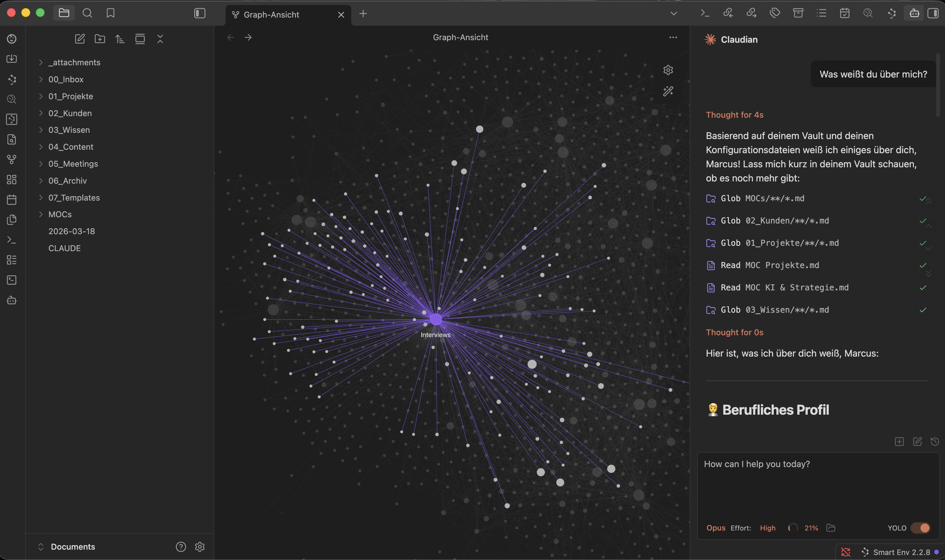 Obsidian mit Ordnerstruktur, Knowledge Graph und Claudian Chat-Sidebar