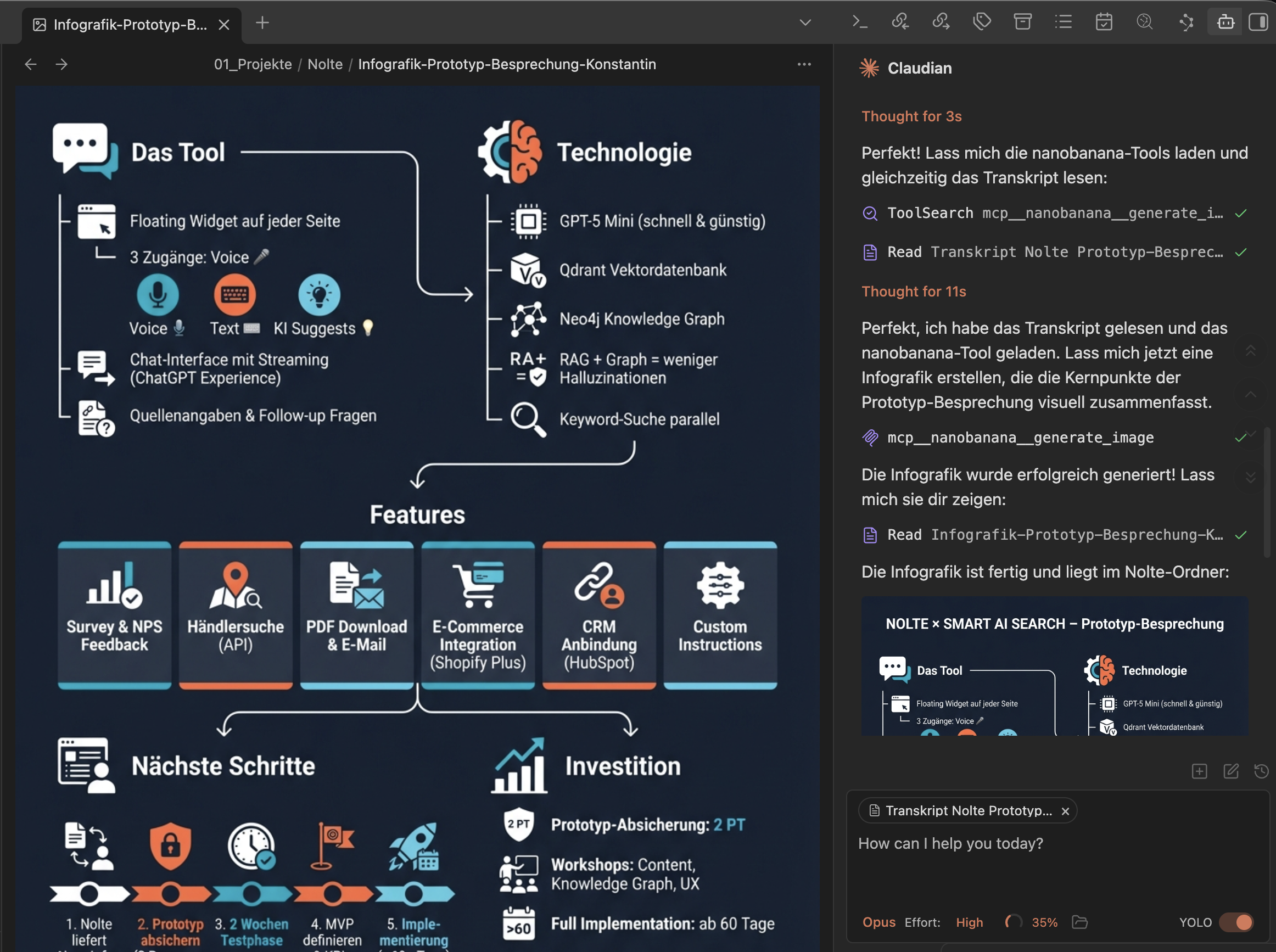 Claudian reads a meeting transcript, uses Nano Banana MCP and generates an infographic directly in the project folder
